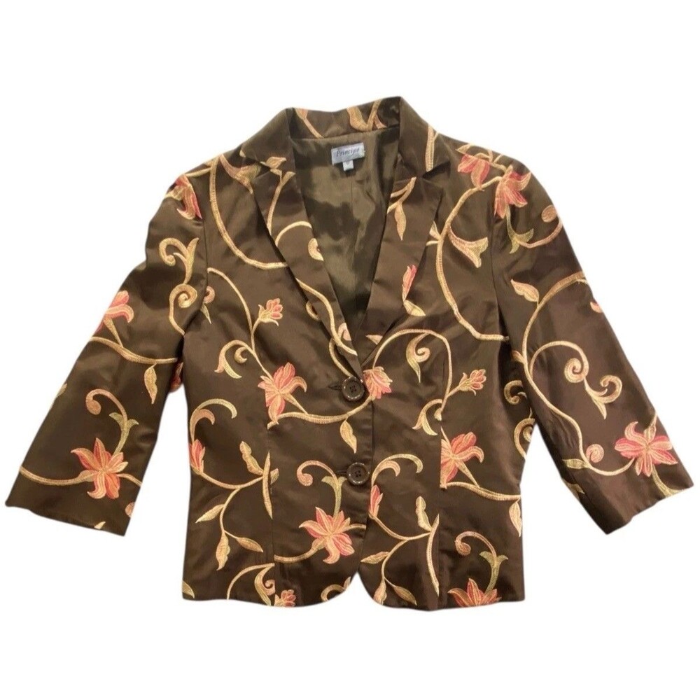 Principe Silk Blazer Womens 12 Brown Floral Embroidered Short Jacket